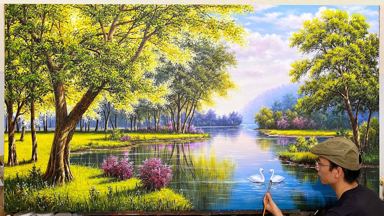 Techniques for painting trees and lakes / Peaceful landscape paintings / Acrylic paintings.