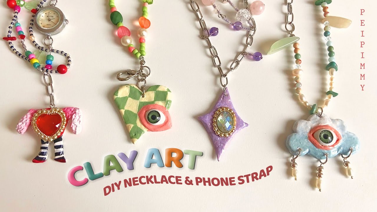 CLAY ART 🧤; ทำจี้สร้อยจากดินปั้น air-dry clay 👁 ; DIY necklace & phone strap 🎨