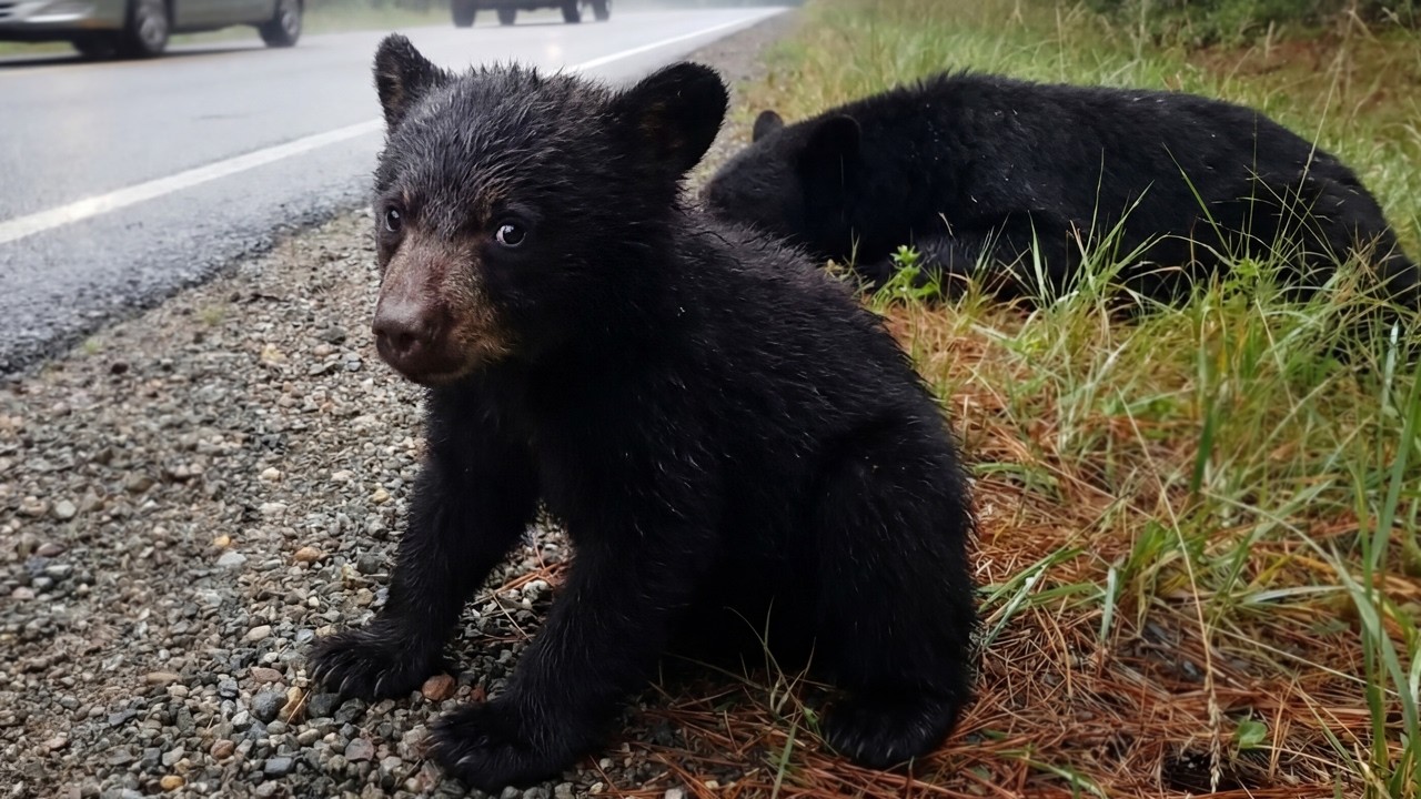 Ratując małego niedźwiedzia i jego matkę przy autostradzie