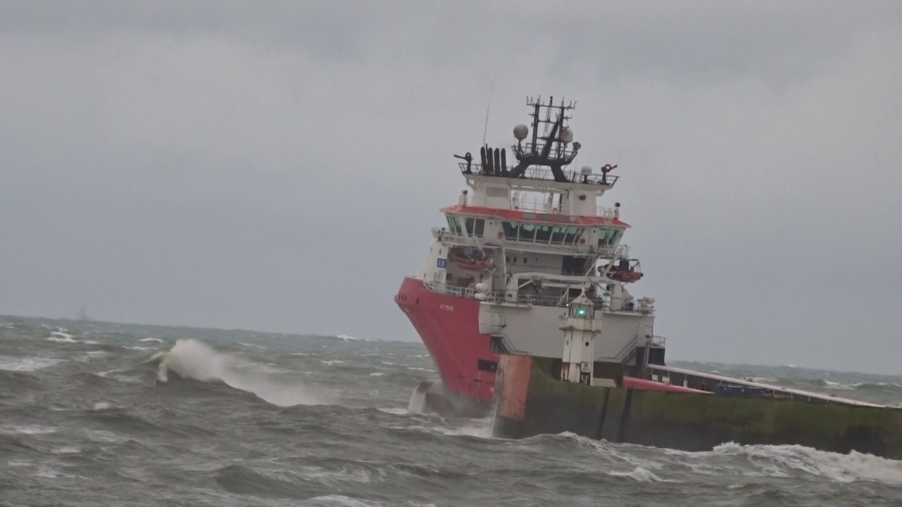 North Sea Oil Supply vessel (E R Athina) leaving Aberdeen Harbour in heavy swell