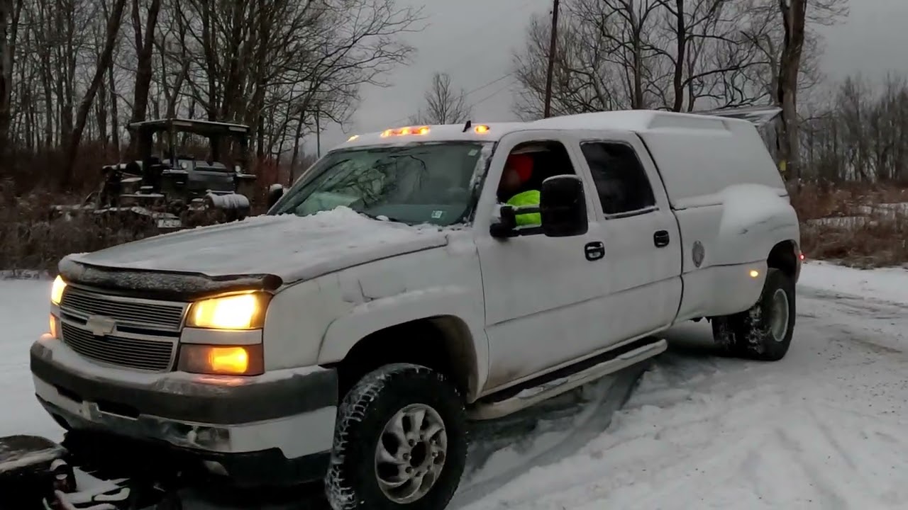 Chevy K3500 Duramax Dually Pickup Truck Working Plowing Snow