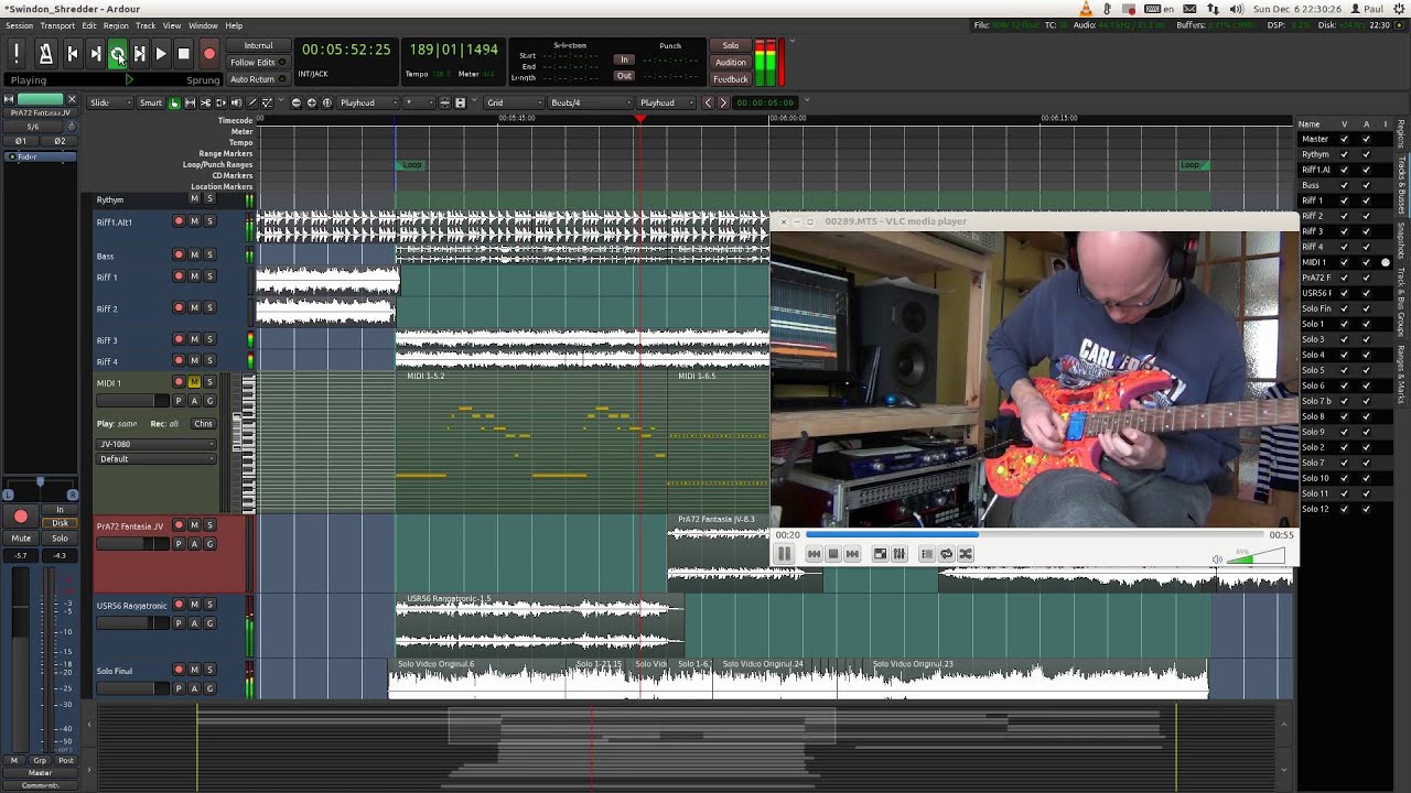Stellah Headless Kit guitar, Ardour DAW Linux