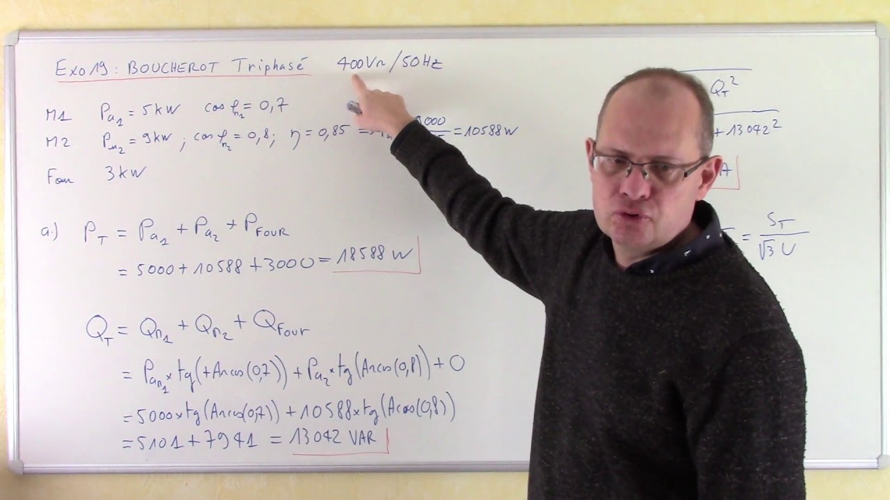 TD d'électricité 2 n°6c : courant consommé et amélioration du cos(phi) en triphasé équilibré.