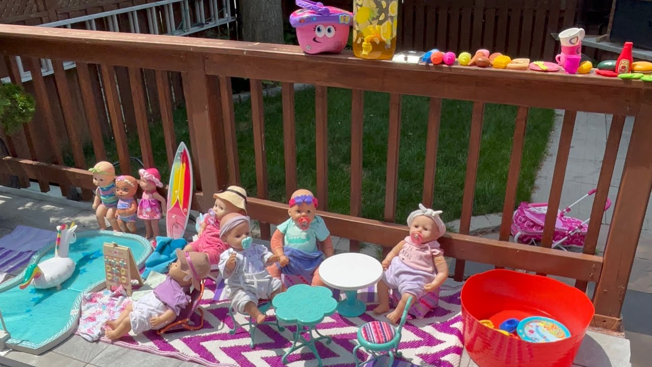Backyard pool party for Zapf Creation baby dolls, 𝖘𝖕𝖔𝖔𝕜𝕪𝖇𝖆𝖇𝕪𝖉𝖔𝖑𝖑☠️💕💀🎀