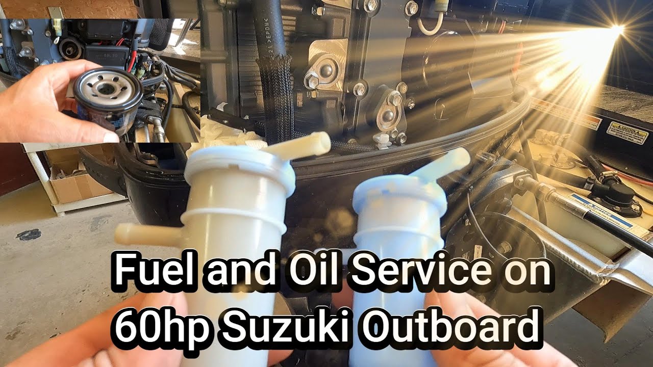 Service 2023 60hp Suzuki Outboard Change Fuel Filter, Oil Service, Gear Oil, and add Fuel Stabilizer
