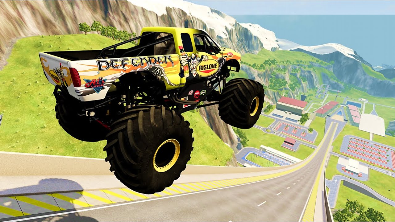 Monster Trucks vs High Mega Ramp Physics Test #012 - Realistic Speed Truck Crash in BeamNG Drive