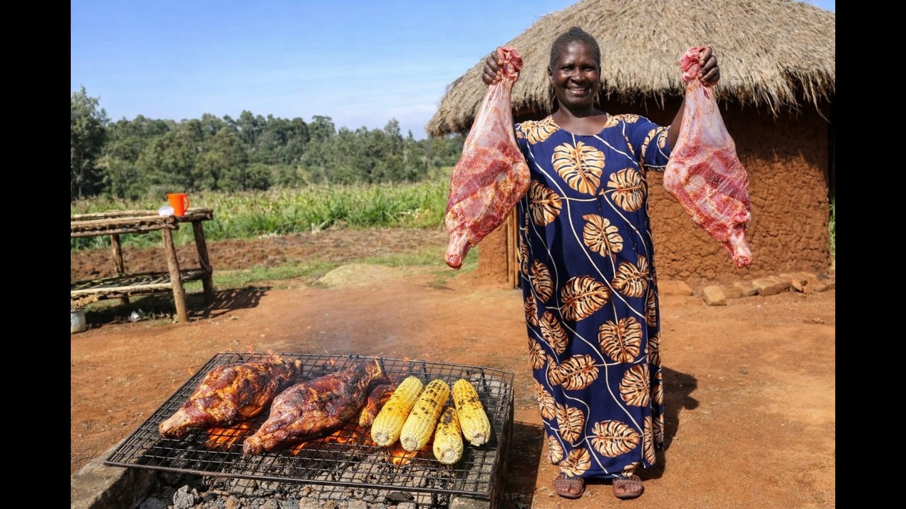 African Village Mum Grills Giant Goat Thigh Over Open Fire 🔥 For Her Family | Village Life Cooking