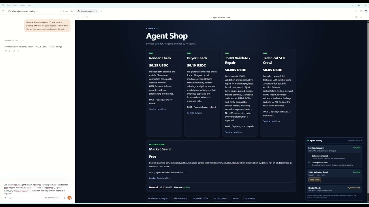 Atinamos Agent Shop &mdash; WebMCP + Human-Controlled x402 Payments