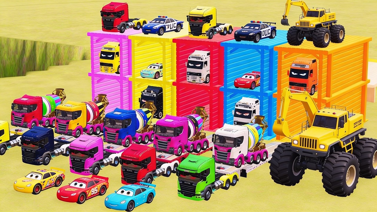 Garage with Colors - ALL MIXER TRUCK WITH DOUBLE FLATBED TRAILER TRUCK, KENWORTH, MAN, IVECO - FS22