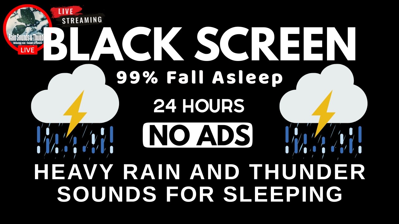🔴 Heavy Rain & Thunder Sounds ⛈️| Black Screen - Deep Sleep, Relaxation & Stress Relief, Live Stream