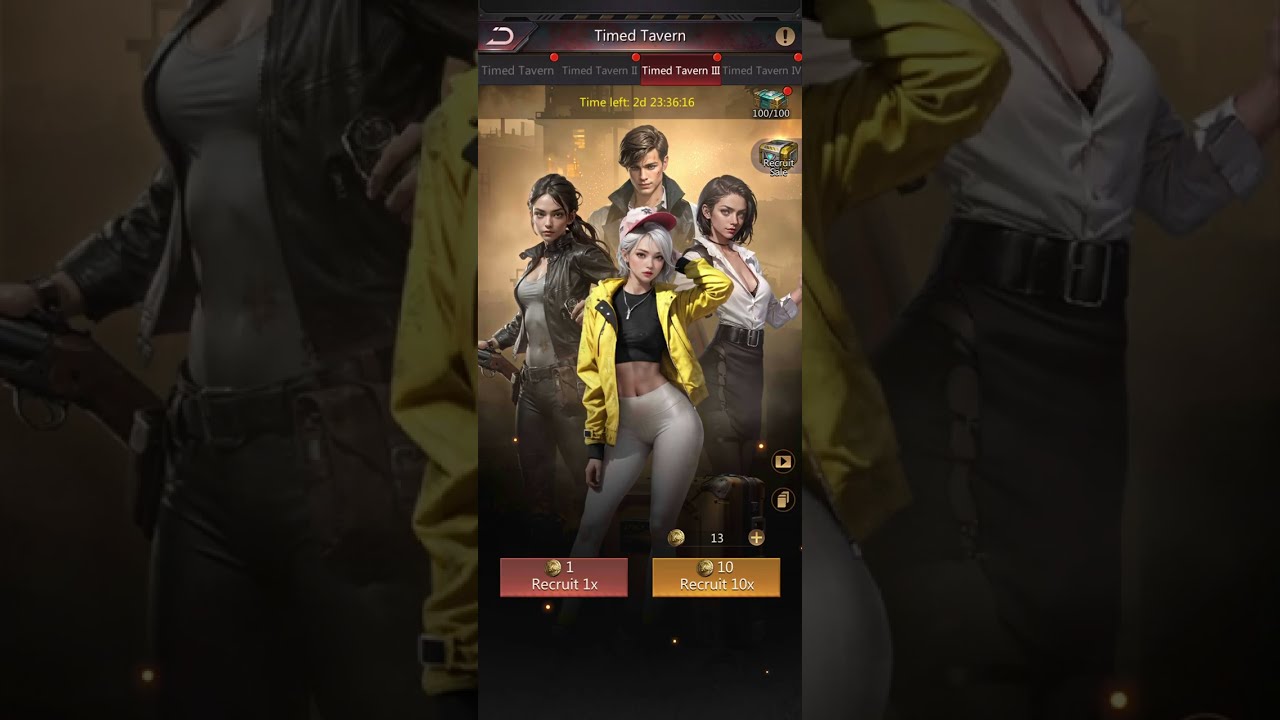 Puzzles and Survival, Pull Heroes from Timed Tavern with 🪙 100 Coins.
