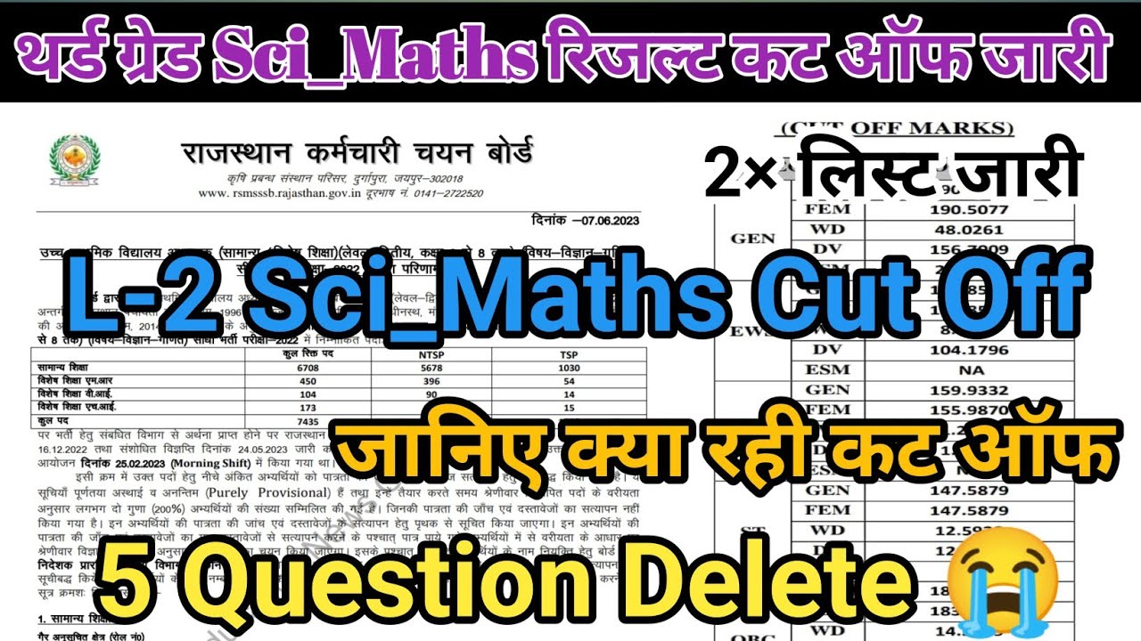 Reet Leval 2 Sci_Maths Result ! 5 Question Delete 😭 ! Reet Leval 2 Result ! REET Mains cut off