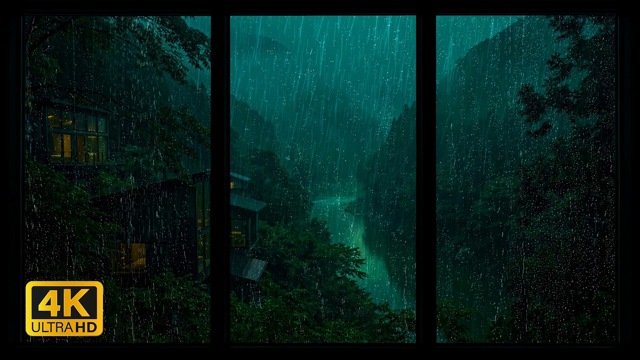 4K Window View with Rain Sounds, Thunder 🌧️ Night Relaxing Ambience for Sleep, Focus & Meditation