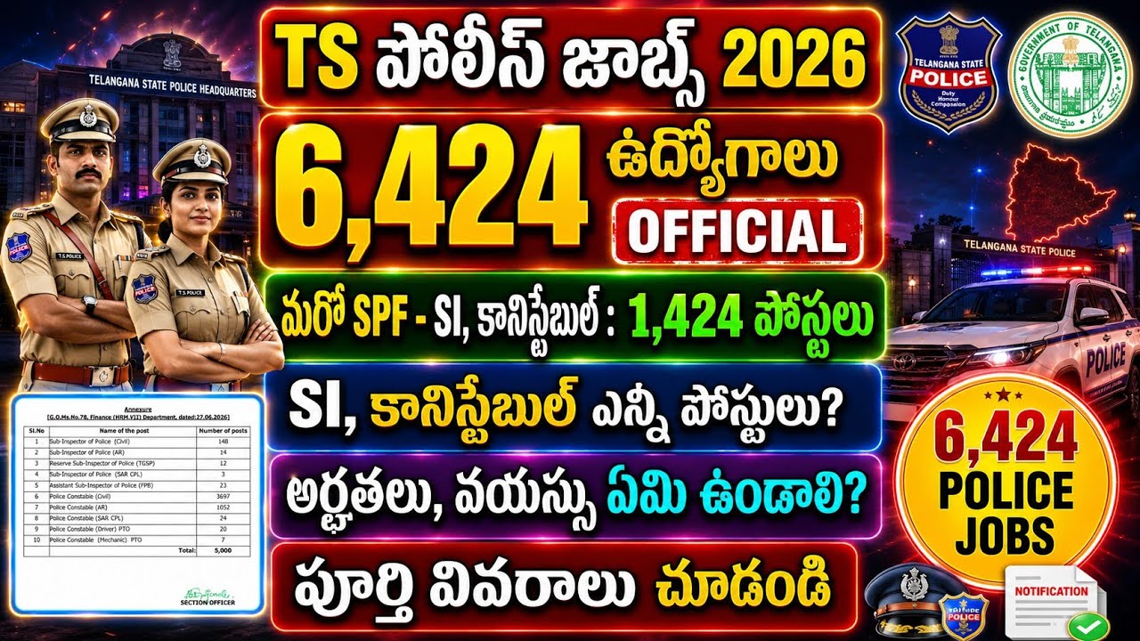 TS పోలీస్ 6,424 పోస్టులతో నోటిఫికేషన్స్ 2026 | TS Police SI & Constable Notification 2026 | TSLPRB 