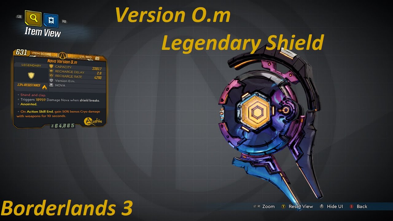 Borderlands 3: Version 0.m legendary Shield.  Takedown at Maliwan's Blacksite exclusive item.