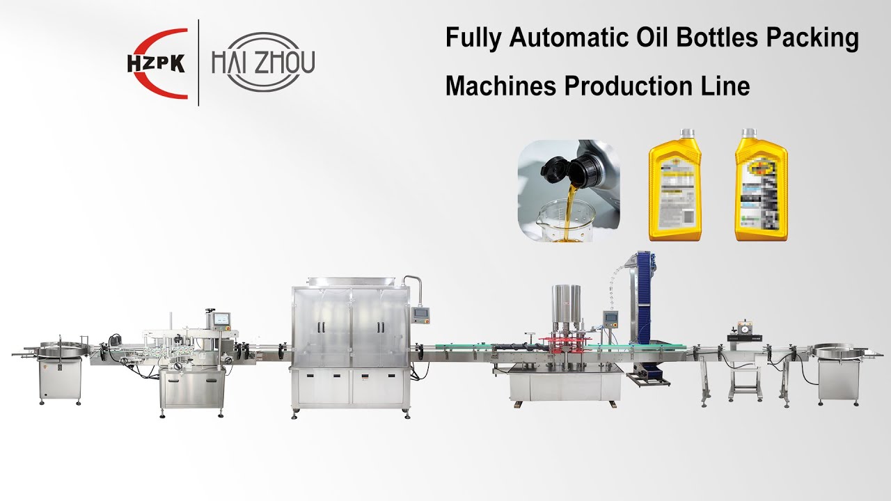 HZPK automatic oil bottles filling capping double-sided labeling sealing machines production line