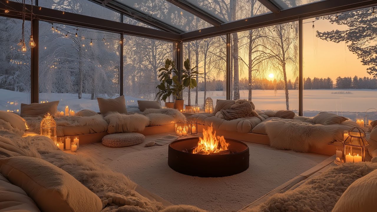 Peaceful Winter Cabin at Sunset ❄️ Soft Piano & Fireplace for Work & Relaxation