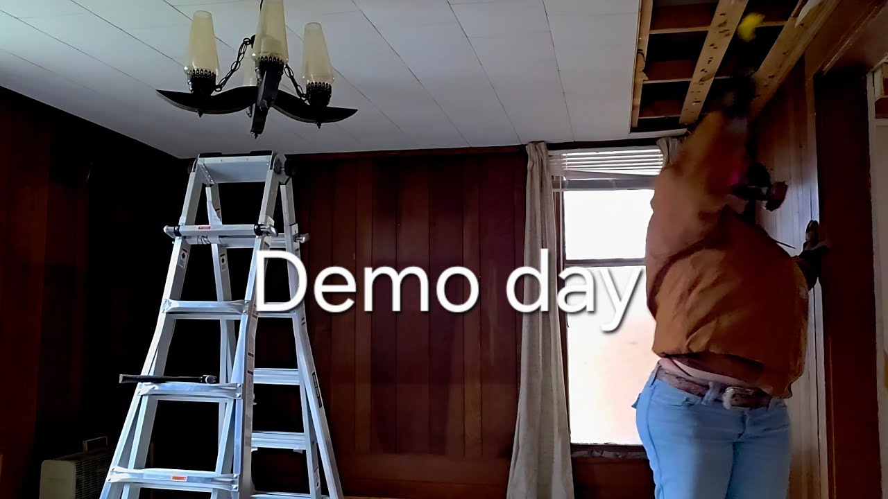 Tearing down drop ceilings in our abandoned 1900's house- Demolition Time-lapse 