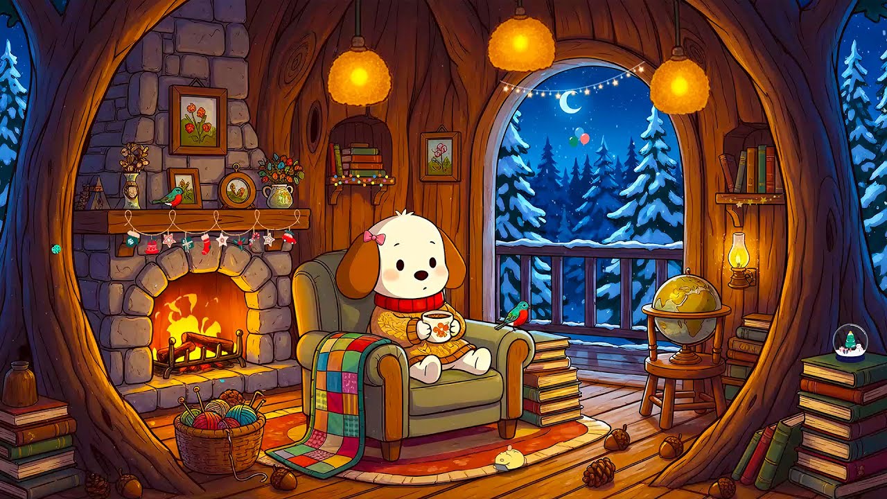 Cute Puppy in Yellow Sweater ❄️ Winter Lofi Study Beats 🔥 Crackling Firelight in Snowy Treehouse