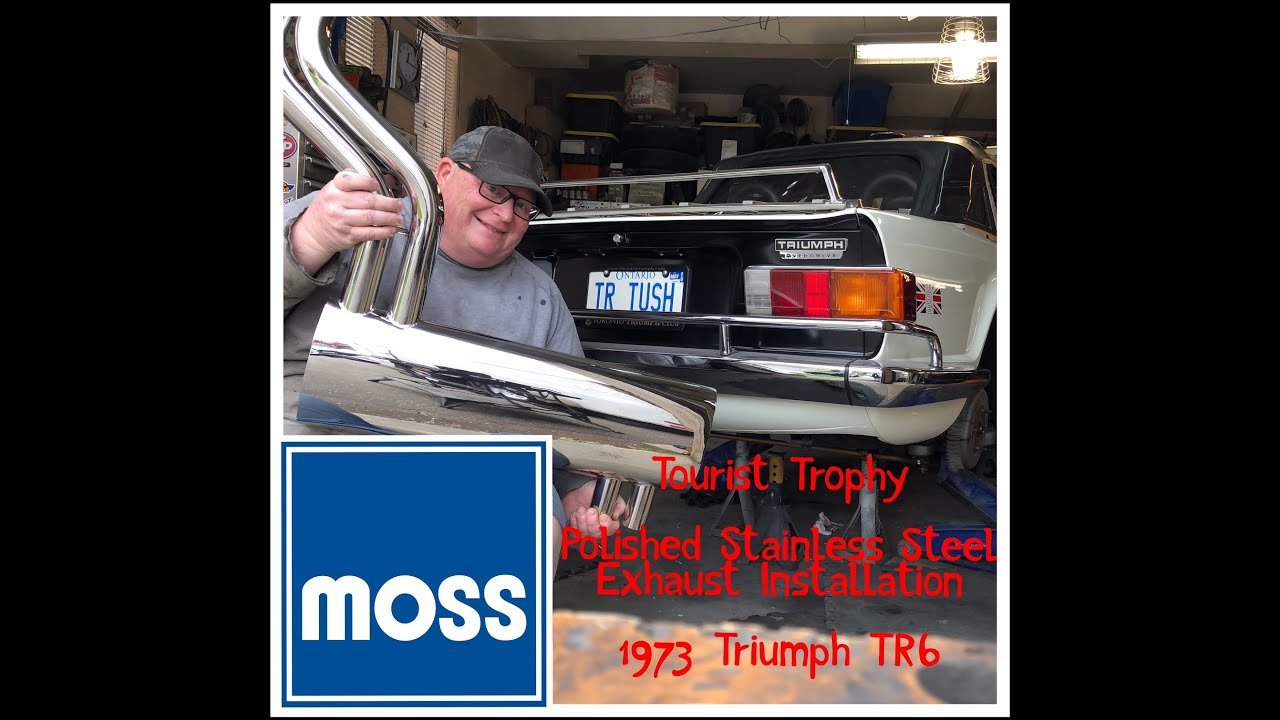 Triumph TR6 1973 года, Moss Motors, установка выхлопной системы Tourist Trophy из полированной не...