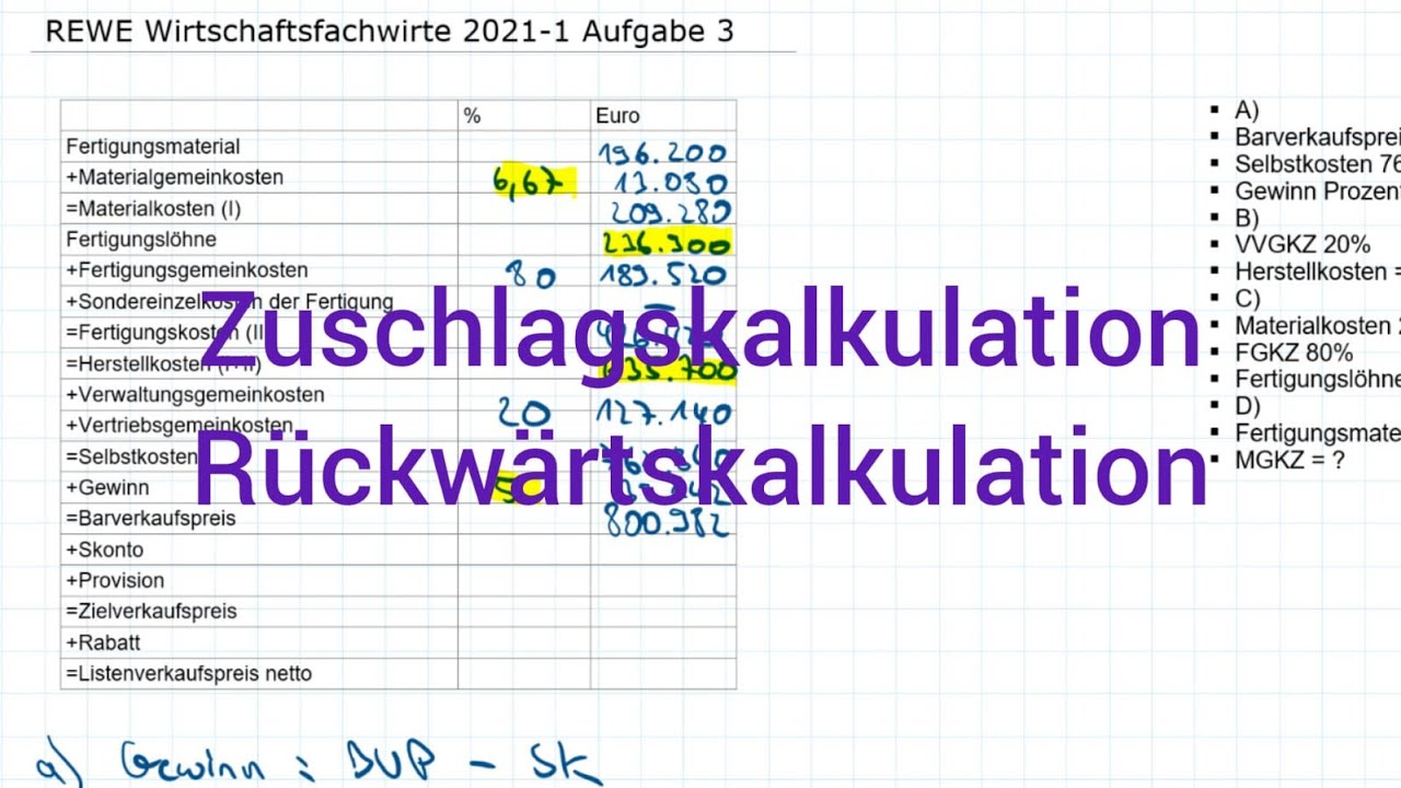 REWE Wirtschaftsfachwirte 2021-1 Fr&uuml;hjahr Aufgabe 3 - Zuschlagskalkulation, R&uuml;ckw&auml;rtskalkulation