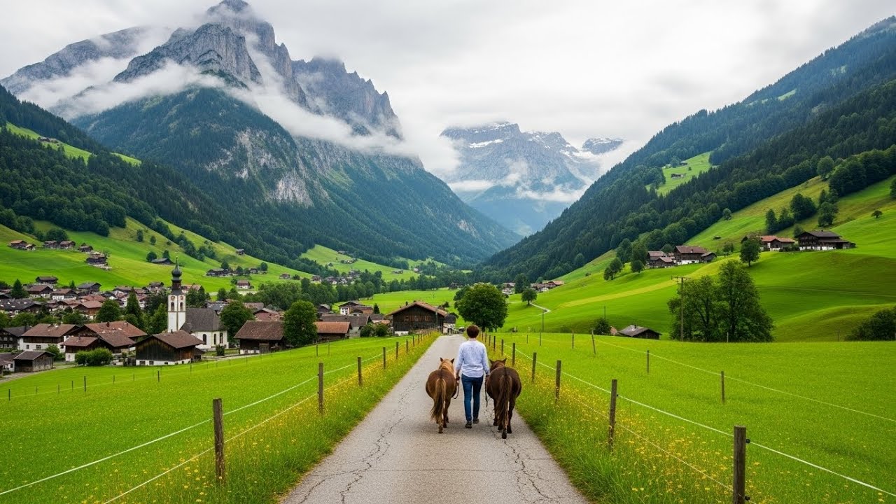 Life in remote Swiss Alpine villages. Located far from civilization is a beautiful village