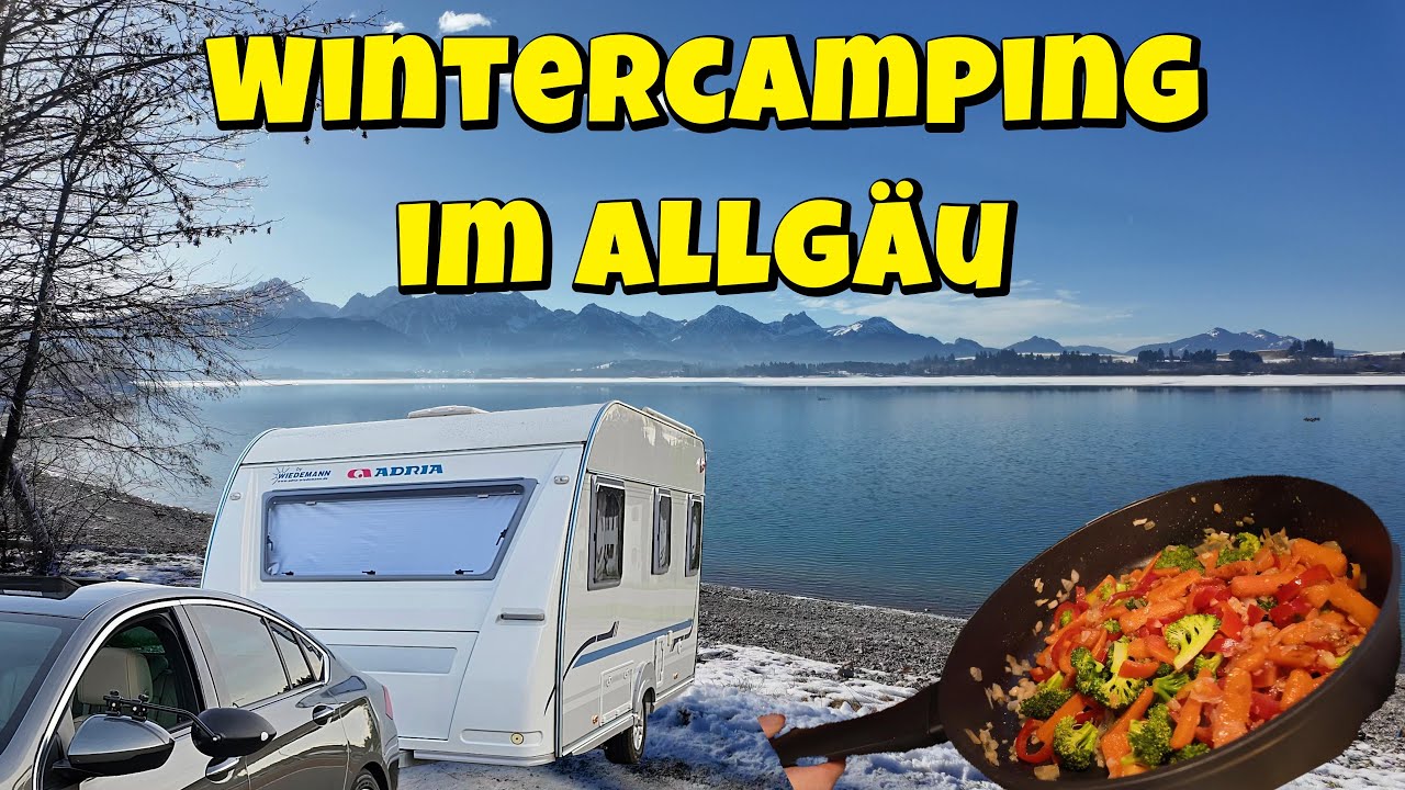 Wintercamping im Allgäu, Sonne, Schnee und kochen im Wohnwagen Campingplatz Brunnen im Allgäu