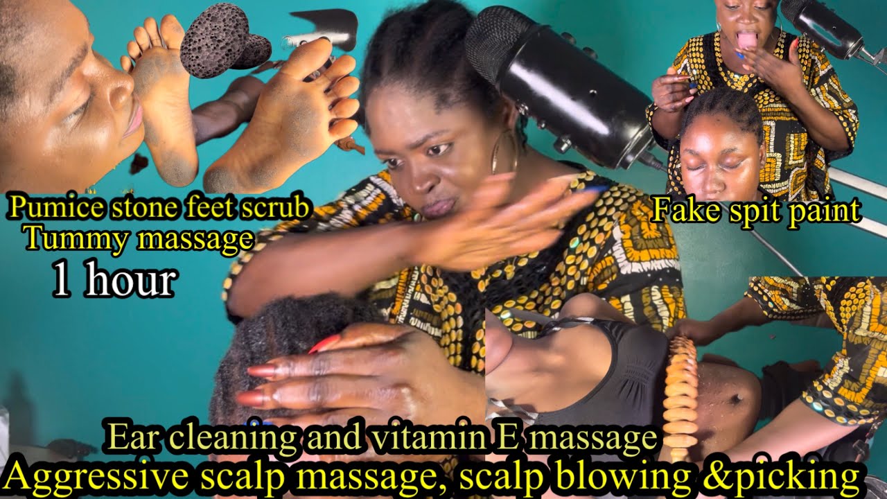 ASMR ✨Intense Hair scratch, pumice stone feet scrub, Tummy massage,Ear pick & Cleaning, scalp blowin