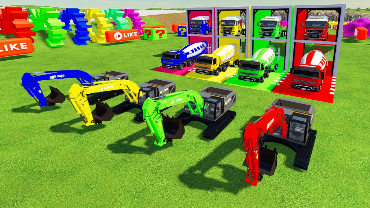 Colorful trucks - ALL COLORFUL EXCAVATOR, MIXER CEMENT TRUCK TRANSPORTING TO GARAGE WITH TRUCKS
