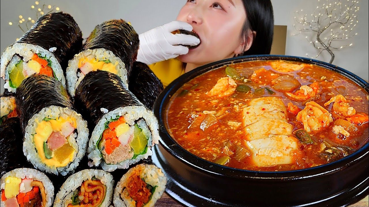 ASMR 아는 맛이 무서운 순두부 해물된장찌개 참치김밥 치즈김밥 매운김밥 일미김밥 김밥 리얼먹방 :) gimbap , bean paste stew MUKBANG