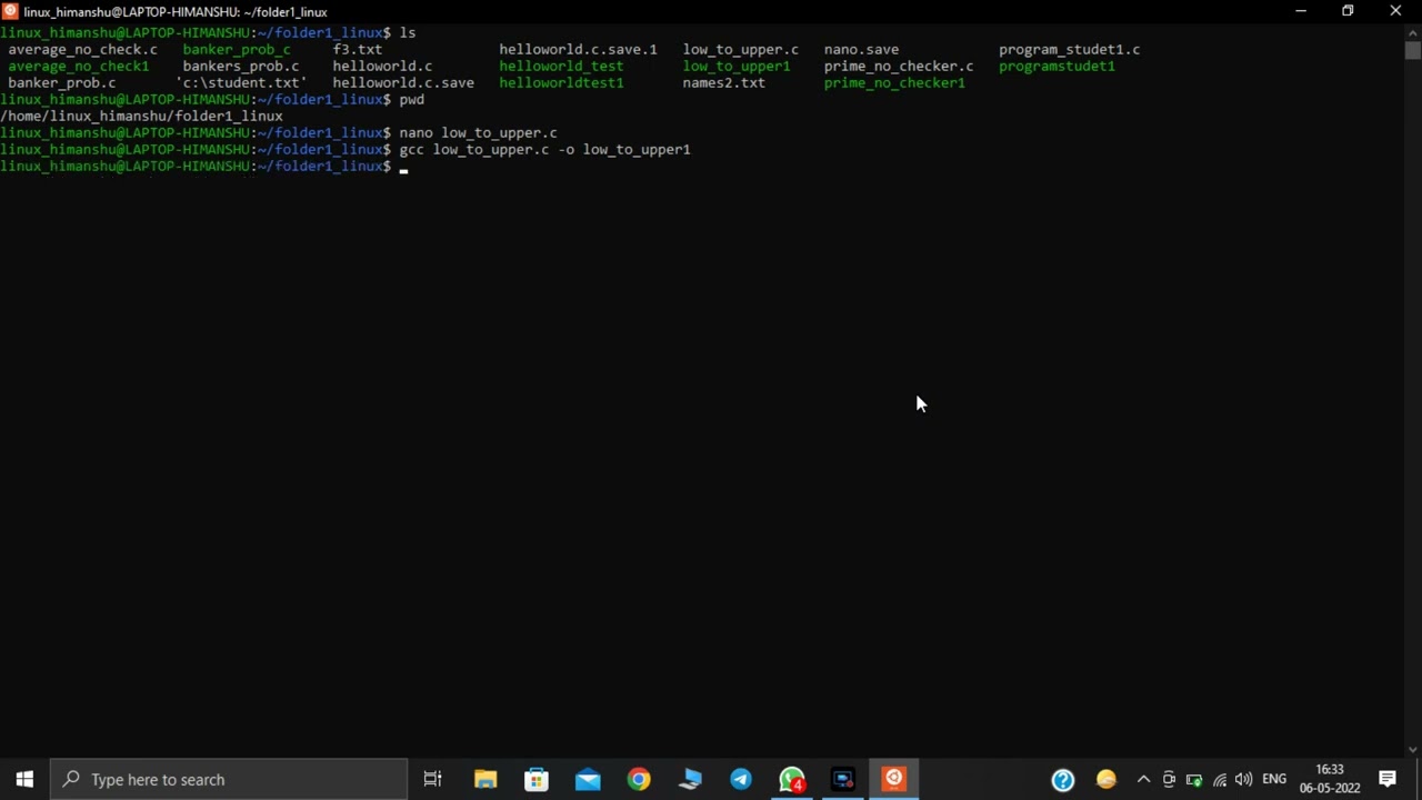 C PROGRAM FOR conversion of lower to upper character and vice versa through gcc compiler in LINUX