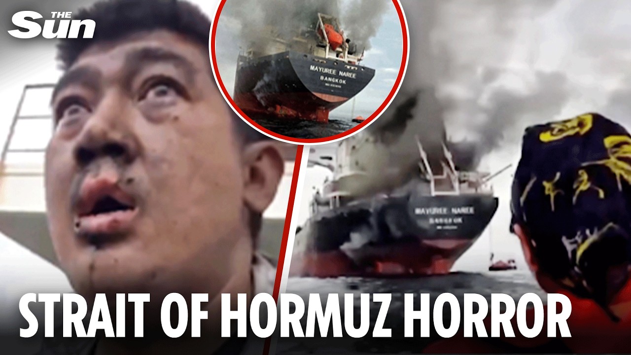 Rescued Sailors watch their ship BURN after Iran's strike on Strait of Hormuz