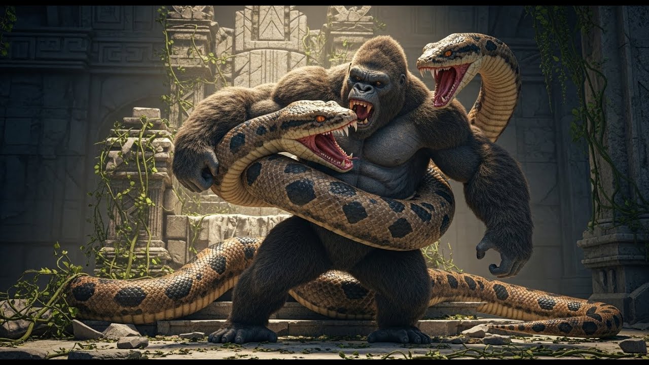 king kong battles a giant python for the throne epic fight scene