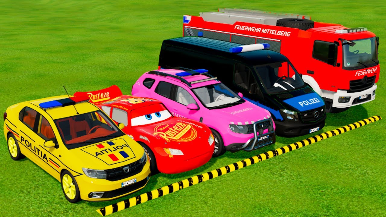 VOLKSWAGEN, MCQUEEN سيارة ماكوين, DACIA POLICE CARS & MERCEDES FIRE TRUCK VEHICLES TRANSPORTING FS22