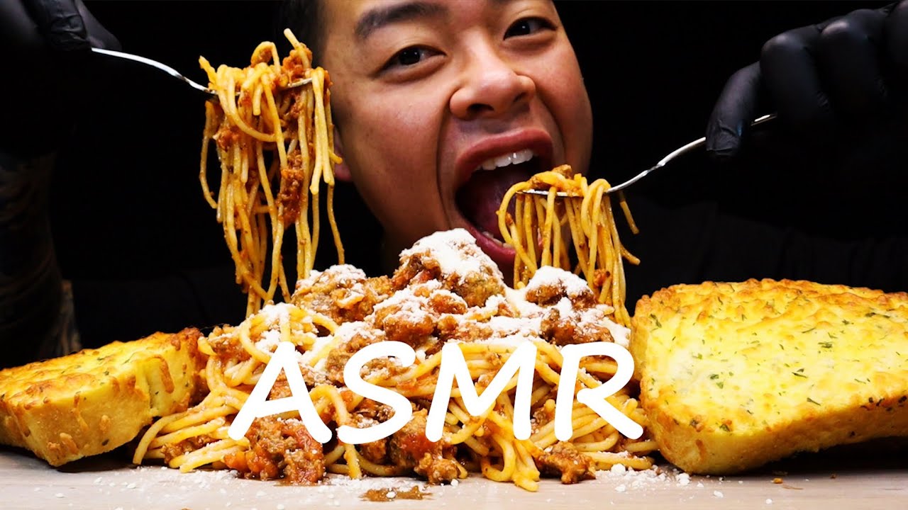 ASMR SPAGHETTI & MEATBALLS WITH GARLIC TOAST **BIG BITE EATING**| ASMR_cravings