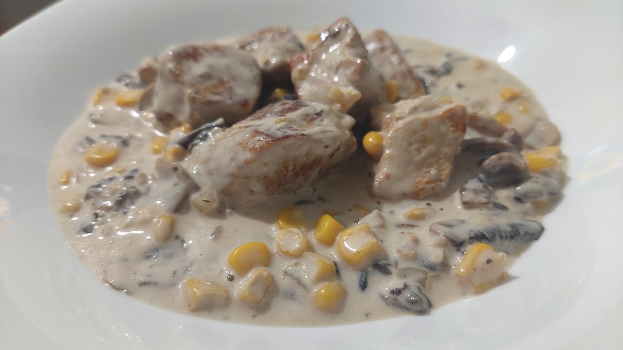 CARNE DE CERDO EN CREMA CON CHAMPIÑONES Y ELOTE FÁCIL Y DELICIOSA 😋😋😋😋