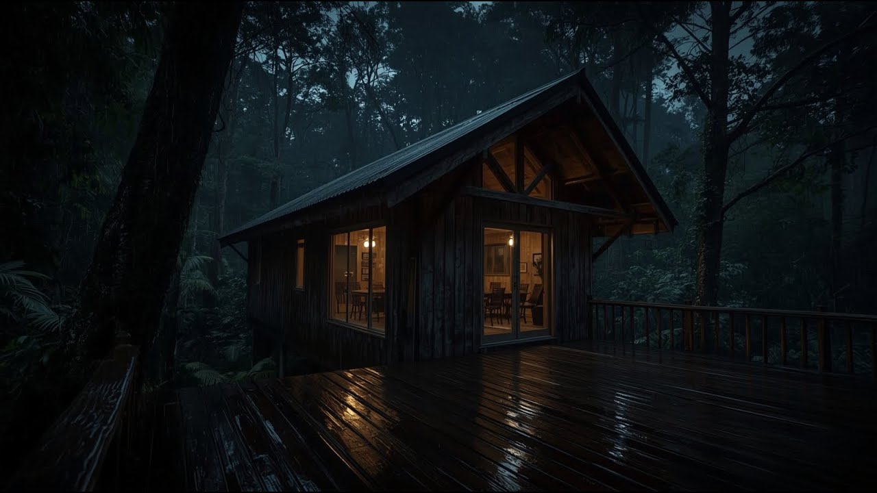 Light Rain Sounds for Sleeping in a Warm Forest Cabin