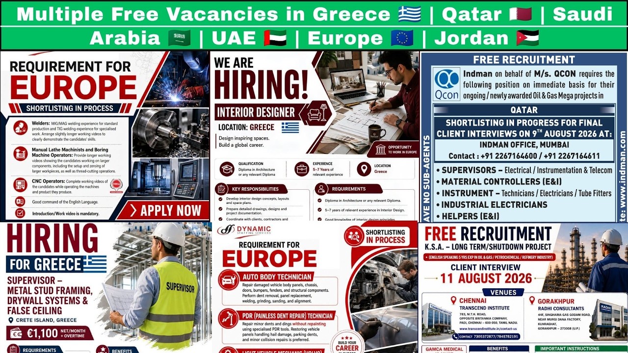 Multiple Free jobs for Greece, Qatar, Saudi, Dubai, Europe, Jordan many more industry helper, Driver