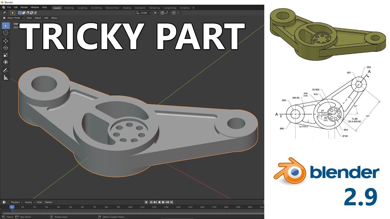 How to Model a Tricky Part Based on a Technical Drawing in Blender 2.9.