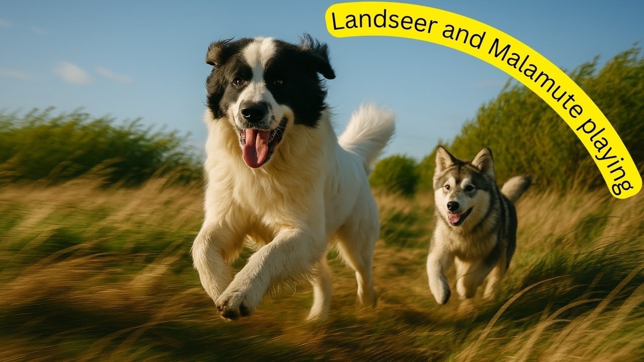 Landseer junior and Malamute puppy playing #friends #relaxing #puppydog