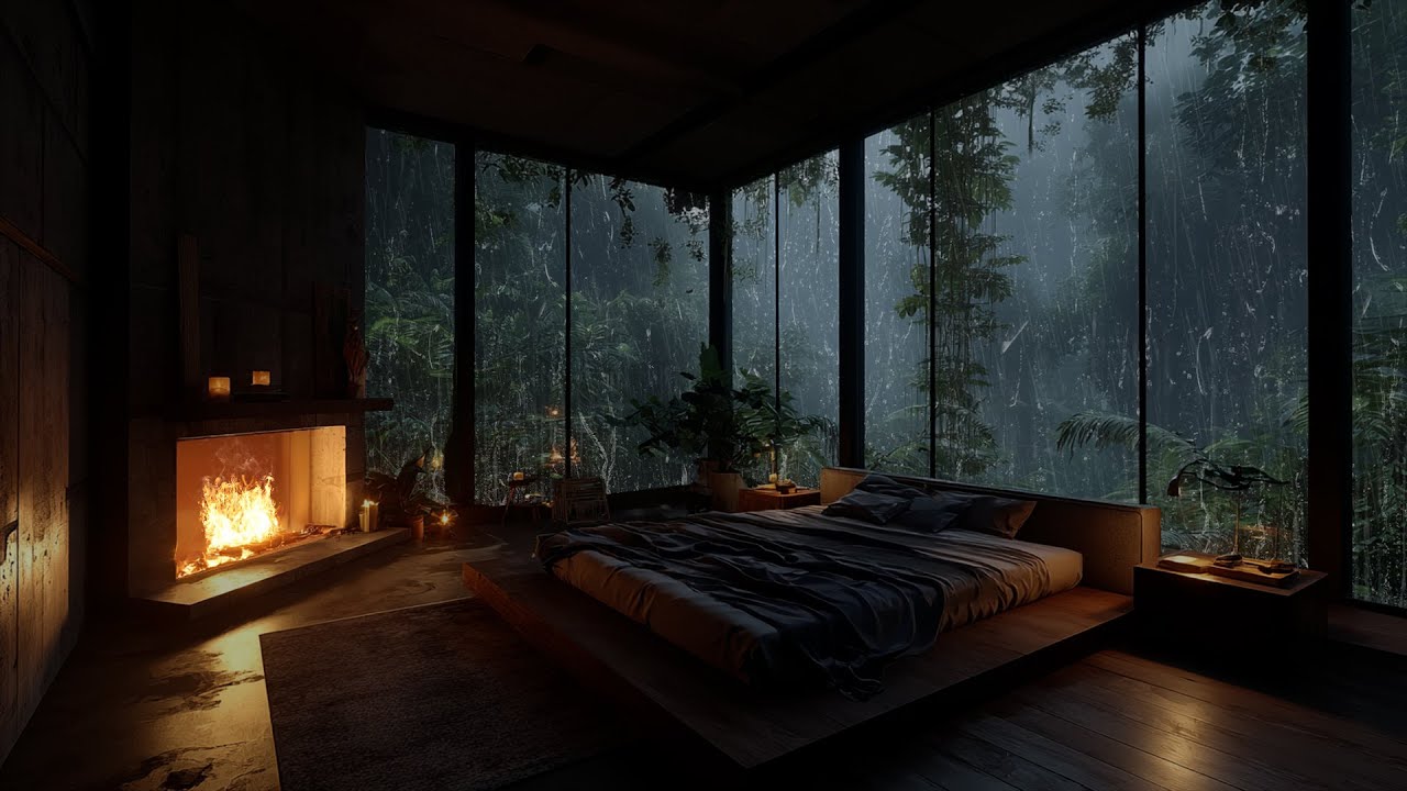 Healing Sleep Refuge 🌧️ Gentle Rain and Fireplace Sounds in a Cozy Night Bedroom