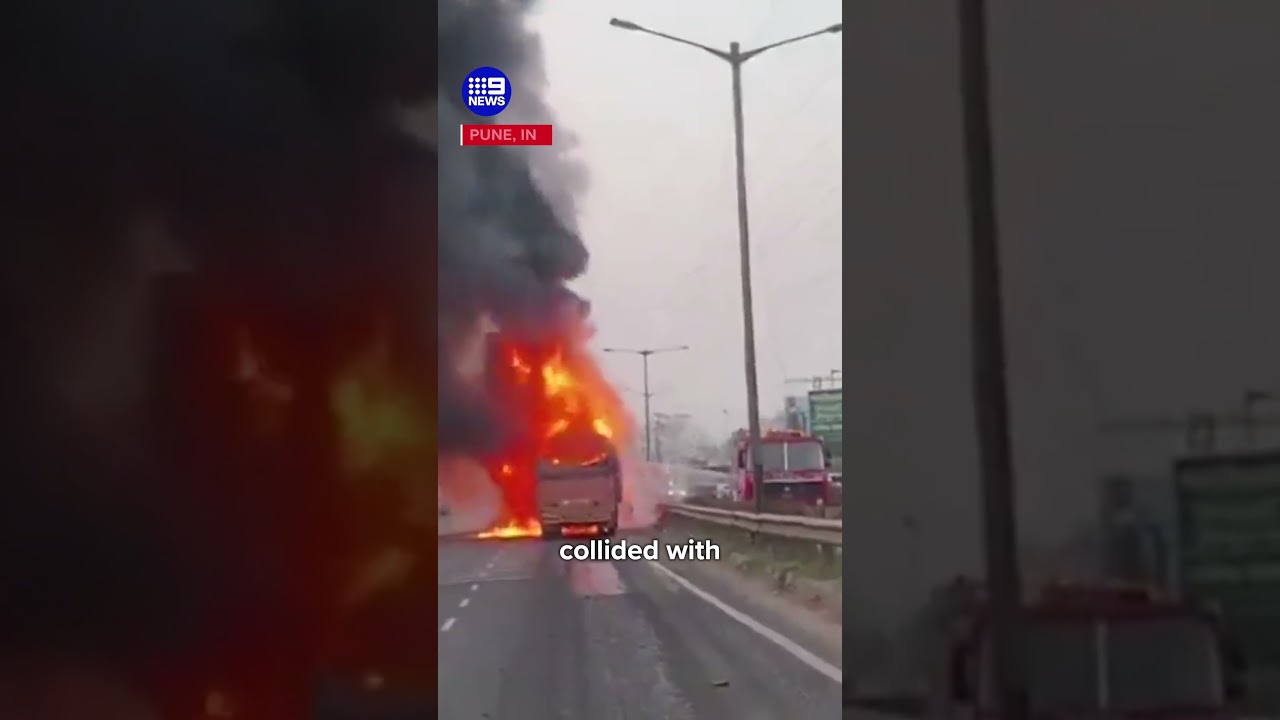 Fiery multi-vehicle crash in India | 9 News Australia