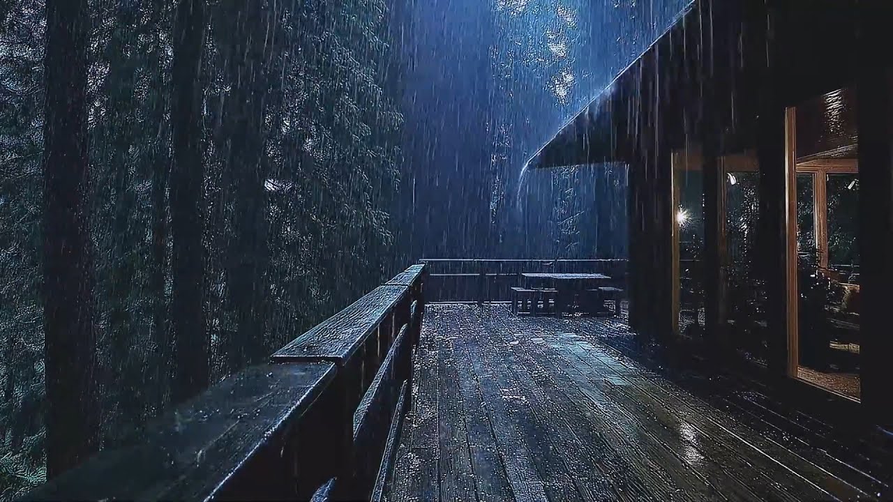 Cozy Cabin Deck Heavy Night Rain Forest Ambience ASMR 8 Hours 🌧️🌲