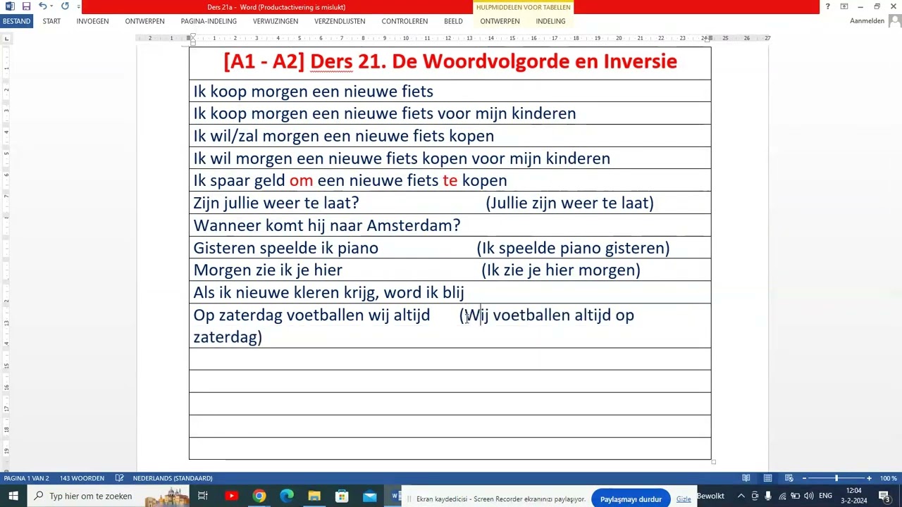 [A1 - A2] Ders 21. Hollandaca Cümle Dizilimi ve Devrik Cümle. De Woordvolgerde en Inversie