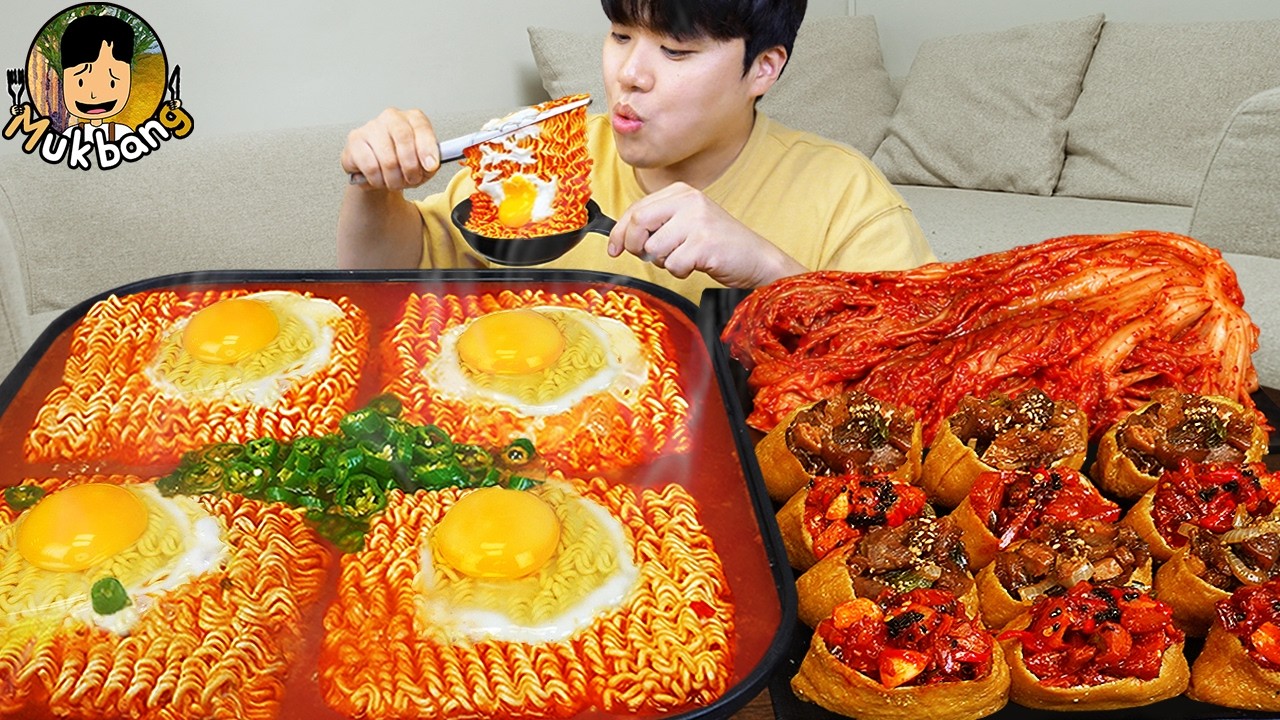 ASMR MUKBANG | fire noodle ramyeon, inari sushi, kimchi recipe ! eating