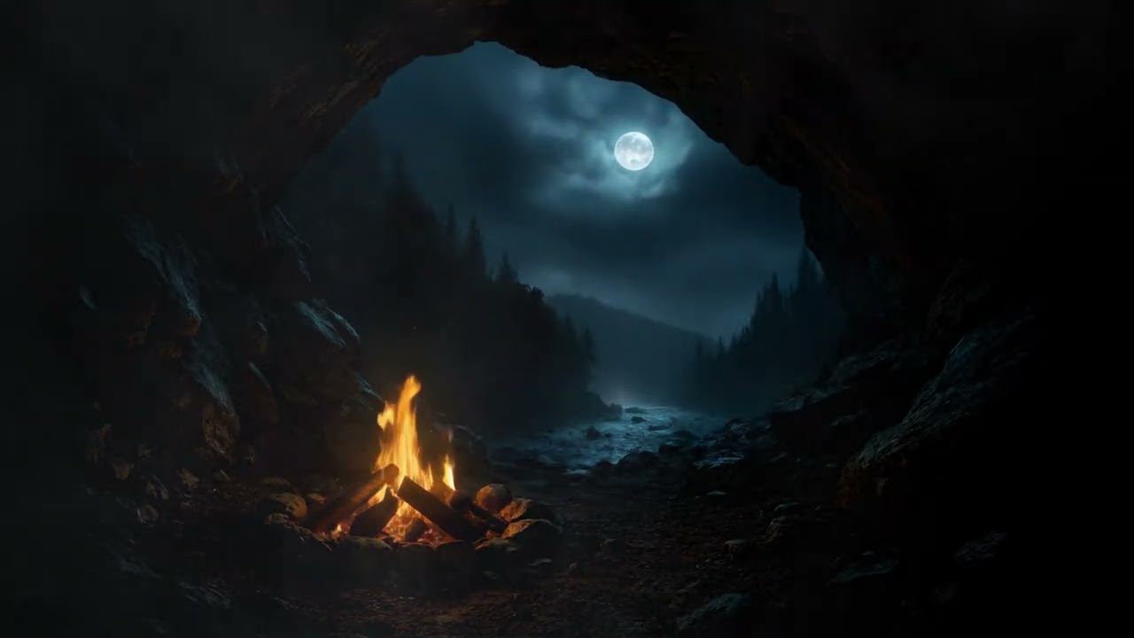 Cave Fire, Rain & Thunder Sounds  – 12 Hours of Deep Forest Ambience🔥