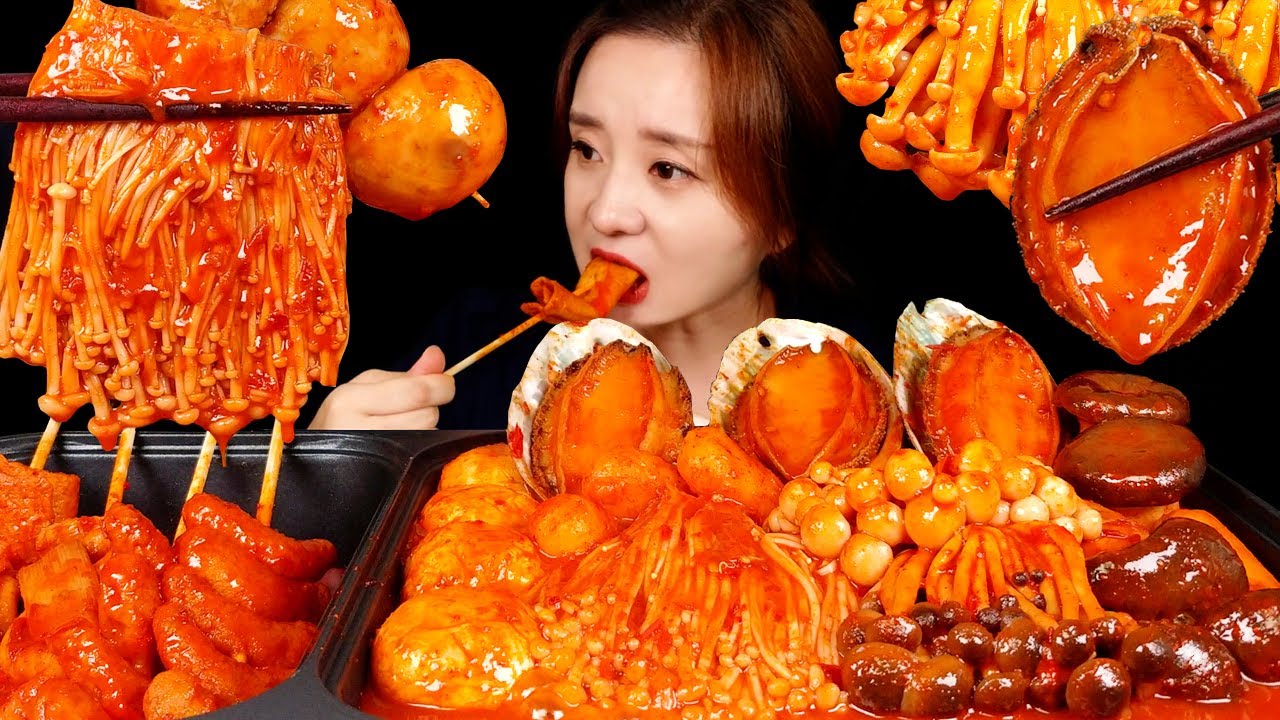 ASMR MUKBANG (кулинария) острые грибы, морское ушко, рыбный пирог, рисовый пирог