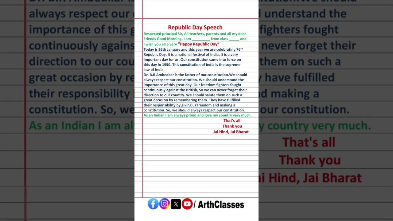 Republic day speech in English | Speech on republic day in English | 26 January speech in English