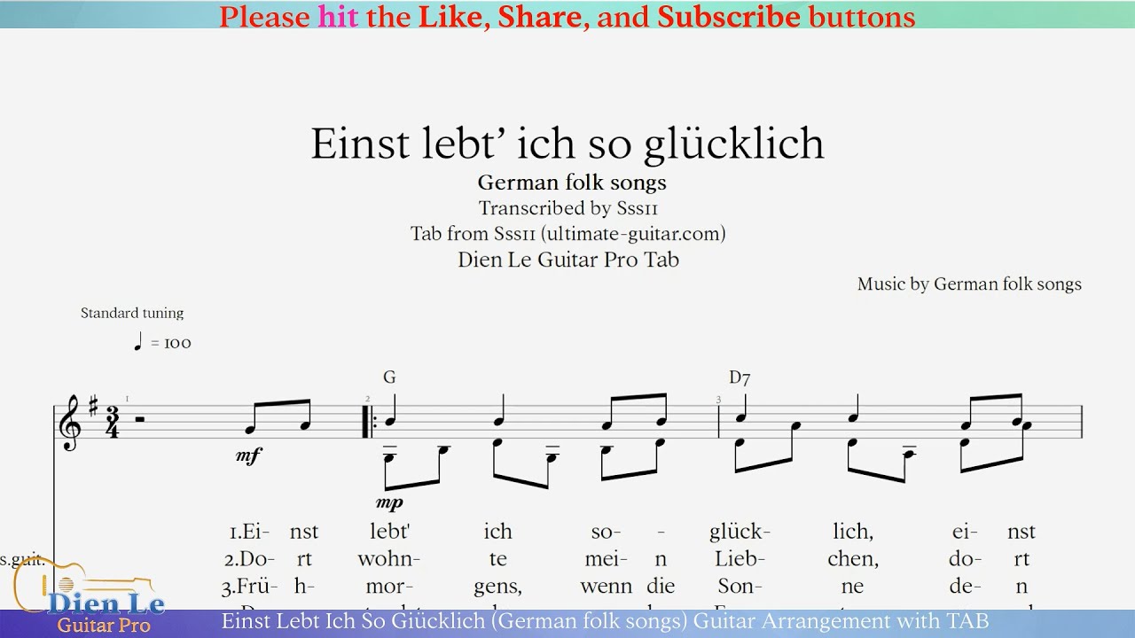 Einst Lebt Ich So Giücklich (German folk songs) Guitar Arrangement with TAB