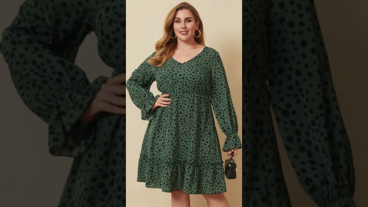 Polka Dot Print V-neck Lantern Sleeve Plus Size Ruffle Dress